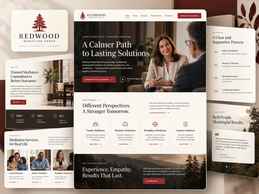 Redwood Mediation Group illustrative website concept with cream and burgundy layouts