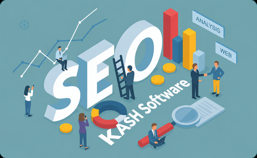 SEO illustration with charts, analysis graphics and Kash Software lettering